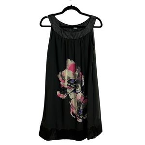 Black, sheer dress with lining and floral print on front.